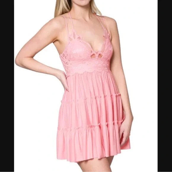 Zenana Crochet Lace Ruffle Dress In Dusty Pink. NEW! Sz L & XL - Picture 4 of 8